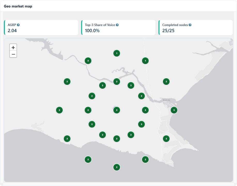 OmniGrid geo grid for coastal resort zone A: brand in the top three at 25 of 25 points, average rank 2.04