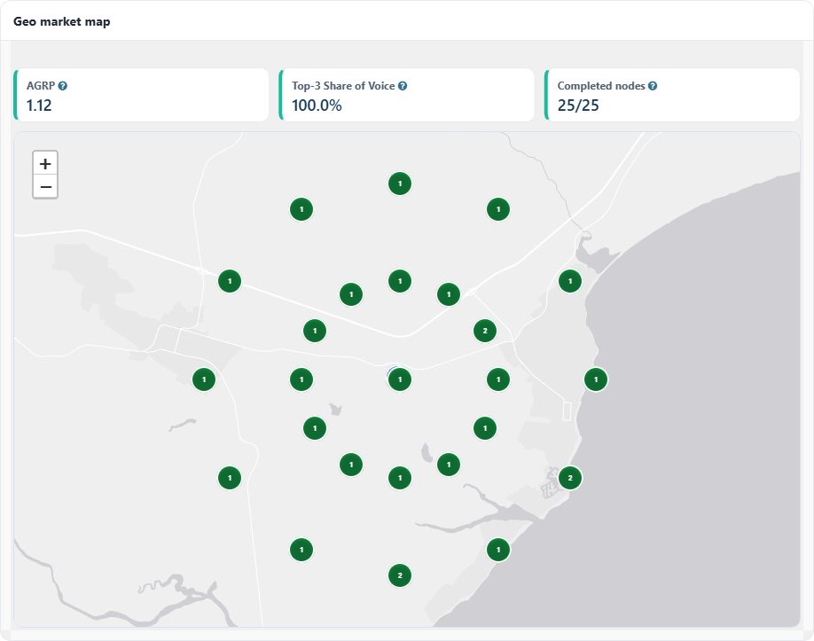 OmniGrid geo grid for coastal resort zone B: brand in the top three at 25 of 25 points, average rank 1.12